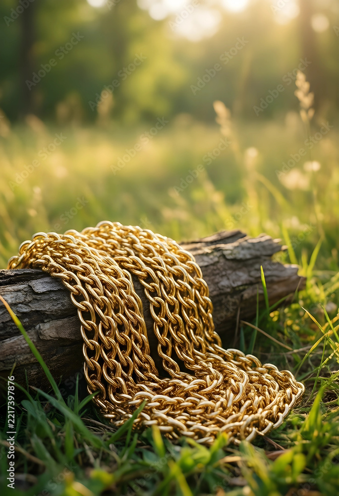 Naklejka premium Luxury and wealth concept, gold chain resting on a wooden log in a sunlit forest meadow, fashion accessory and success metaphor in a natural setting
