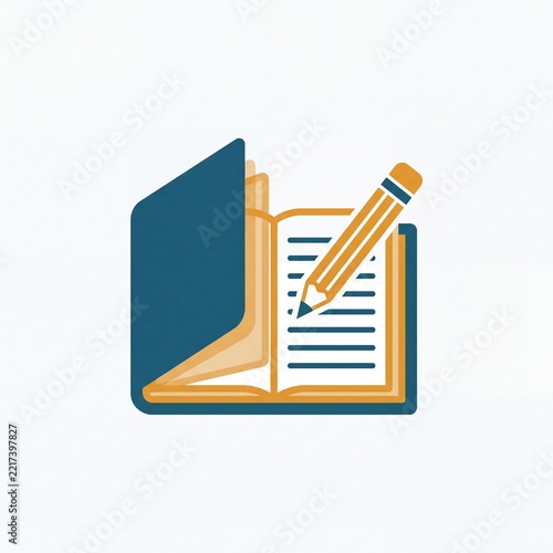 Flat Vector Icon of Open Notebook and Writing Pencil
