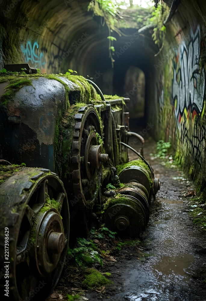 Fototapeta premium Urban exploration and industrial decay, abandoned machinery covered in moss inside a dark graffiti tunnel with nature reclaiming forgotten infrastructure