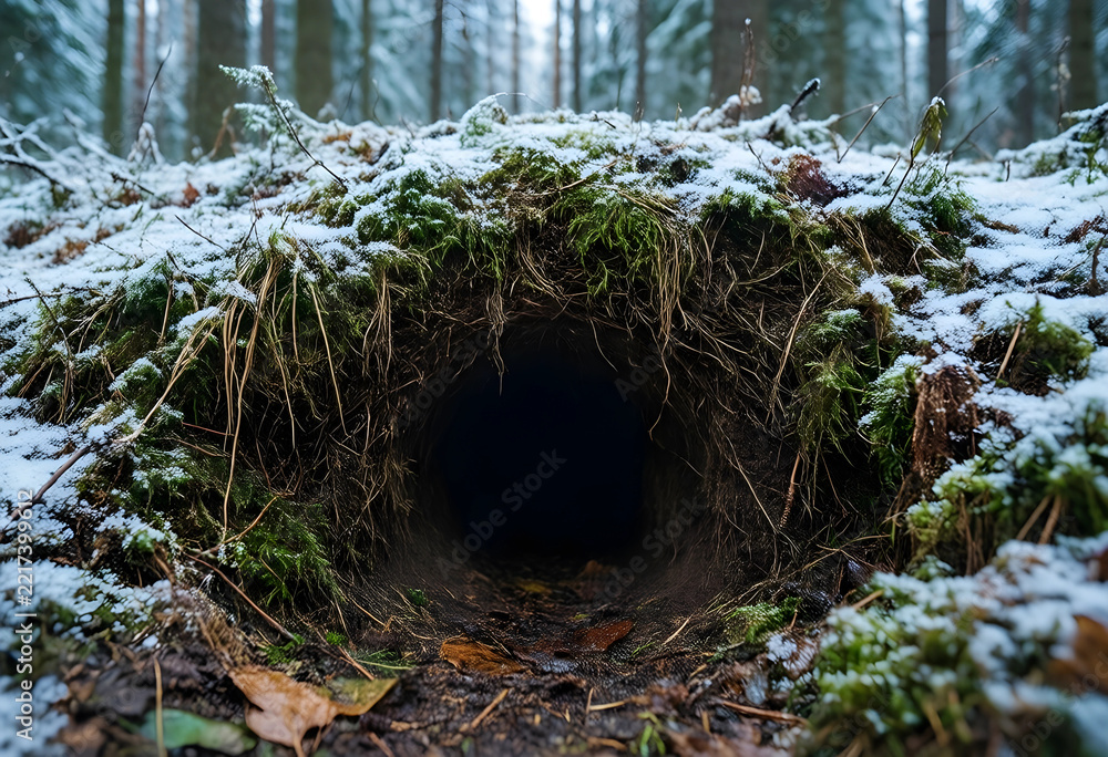 Fototapeta premium Hibernation and wildlife survival, animal burrow entrance in a snowy forest during winter with moss and frozen ground for nature and ecology themes