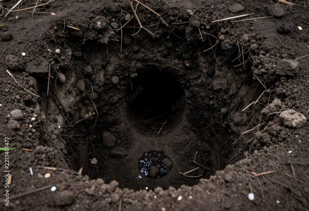 Fototapeta premium Environmental degradation and soil erosion, deep hole in dry earth with water puddle and dark tunnel entrance in rural landscape for land management