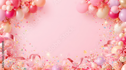 Festive pink balloon and confetti frame with sparkling ribbons