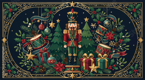 Christmas Vintage retro Christmas border frame vector, ornate gold and green nutcracker illustration, holiday decorative layout, festive border ornament template