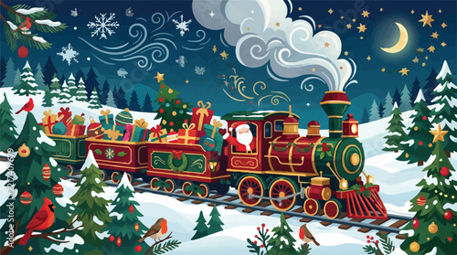 Christmas Festive Christmas train carrying Santa and presents, winter night landscape, vintage snowy forest scene, holiday gift delivery, vector illustration, decorative border