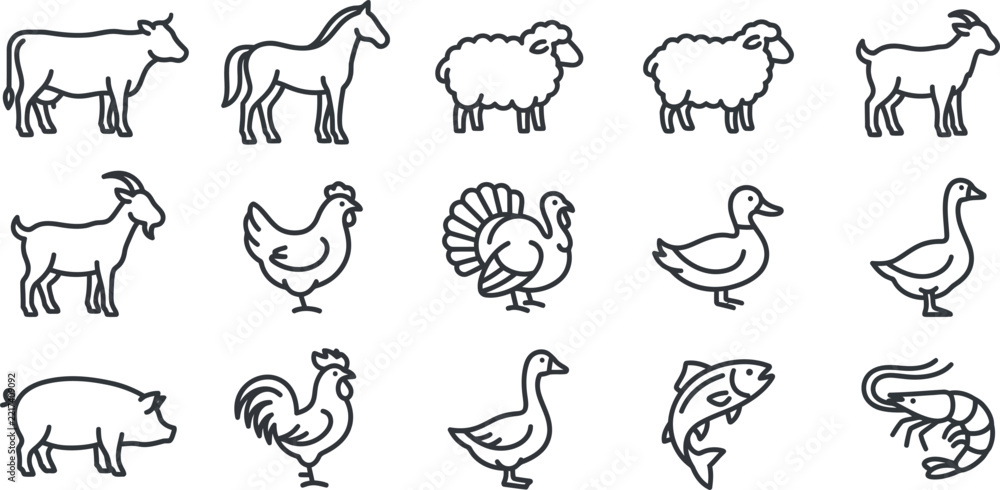 Obraz premium Farm animals livestock poultry and seafood black line icon set featuring cow horse sheep goat chicken turkey duck goose pig fish and shrimp