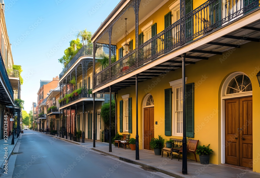 Fototapeta premium Tourism and travel destination, historic architecture with wrought iron balconies on a sunny street in the French Quarter of New Orleans in Louisiana