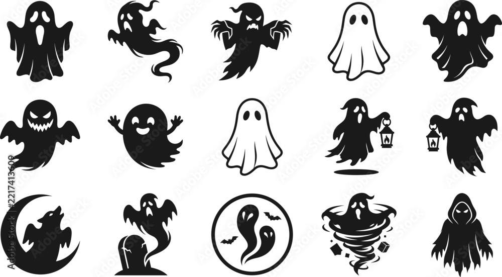 Fototapeta premium Spooky Halloween Ghost Silhouette Icon Set Featuring Creepy Phantoms Cute Apparitions Floating Spirits Lanterns and Haunted Grave Vector Elements
