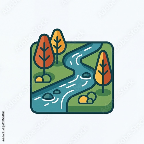 Flat Vector River Landscape with Autumn Trees and Water Rocks