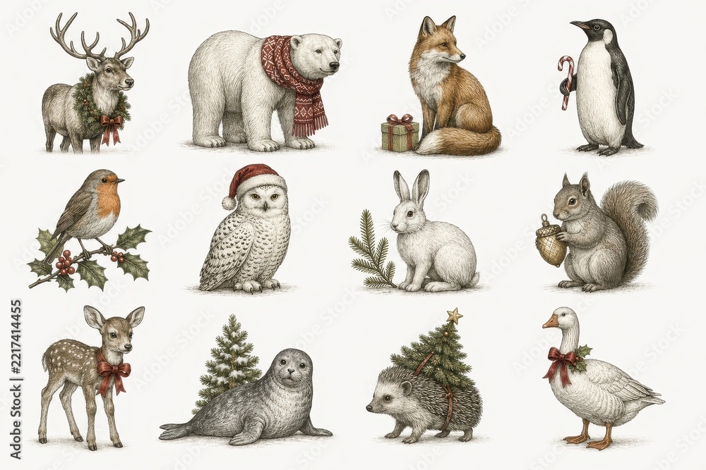 Fototapeta premium Hand drawn winter animals with festive holiday decorations