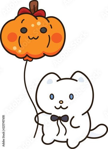 Cute white cat black bow pumpkin balloon orange red ribbon cartoon sticker