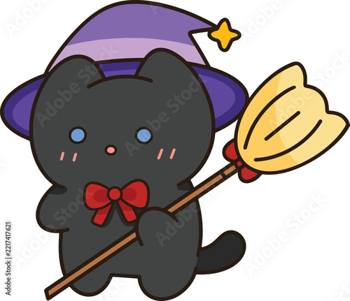 Cute black cat witch hat purple broomstick red bow cartoon sticker icon