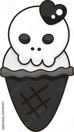Cute skull ice cream charcoal cone black heart halloween cartoon sticker