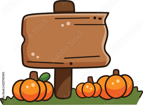 Cute wooden sign empty board orange pumpkin halloween cartoon sticker text space