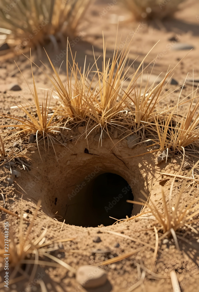 Fototapeta premium Desert wildlife habitat and animal burrow, deep hole in arid sandy ground with dry grass in a wilderness ecosystem for environmental conservation study