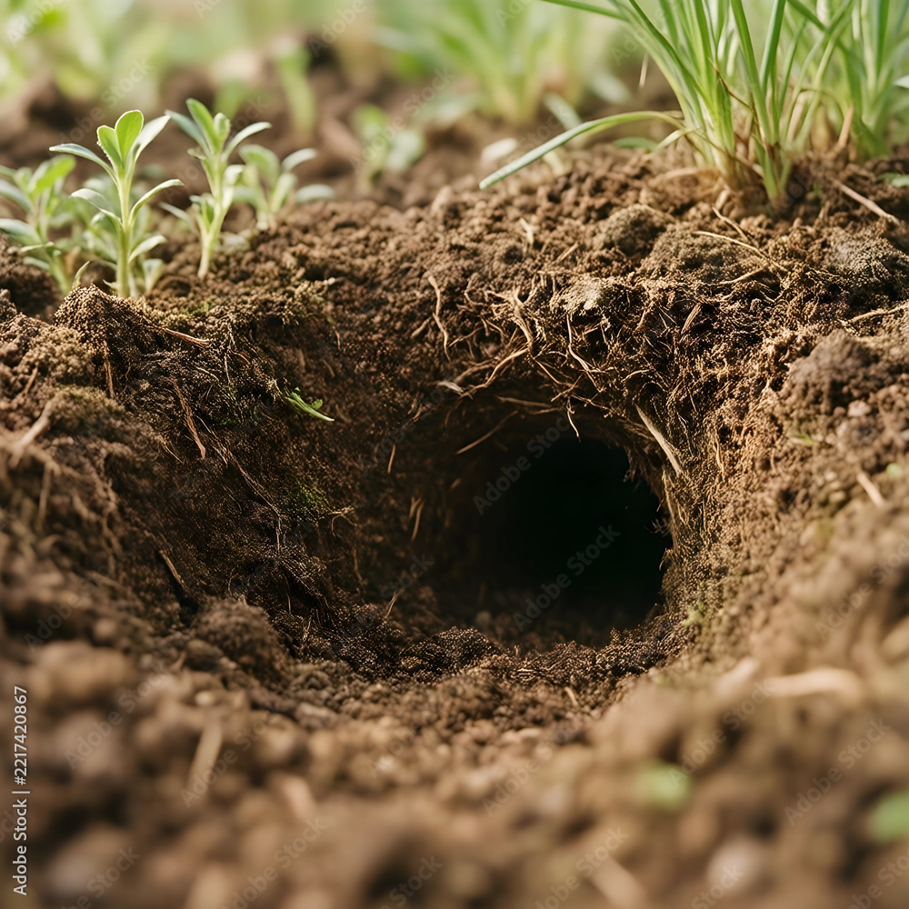 Fototapeta premium Wildlife habitat and nature conservation, small animal burrow entrance in dark soil with green grass and roots in a natural forest environment