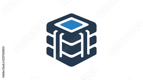 Modern database server logo vector icon featuring blue and dark grey stacked layers
