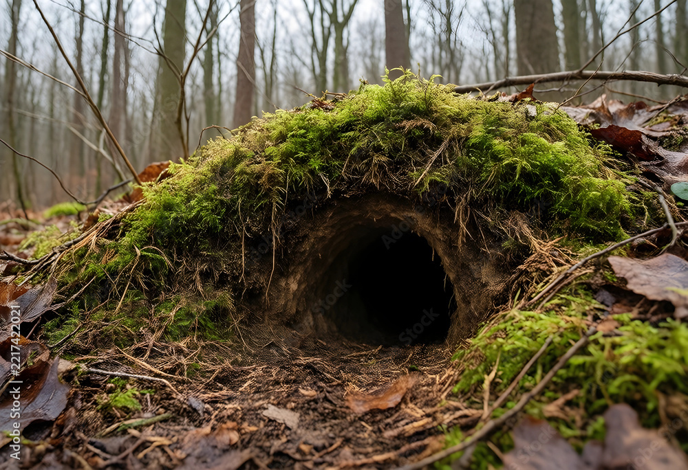 Fototapeta premium Wildlife habitat and nature conservation, animal burrow entrance in a mossy forest floor with autumn leaves and dark underground tunnel for wild animals
