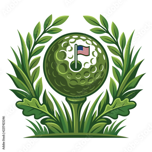Golf ball on tee with laurel wreath and american flag