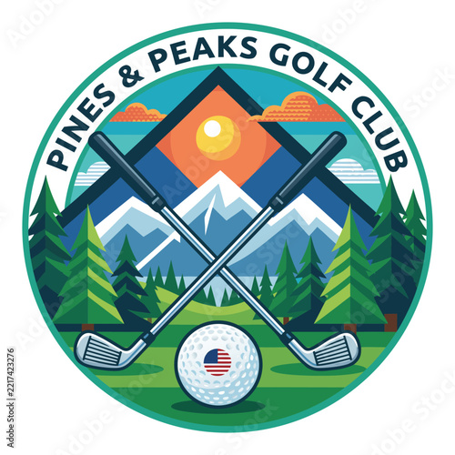 Golf club badge with mountains and pine trees illustration