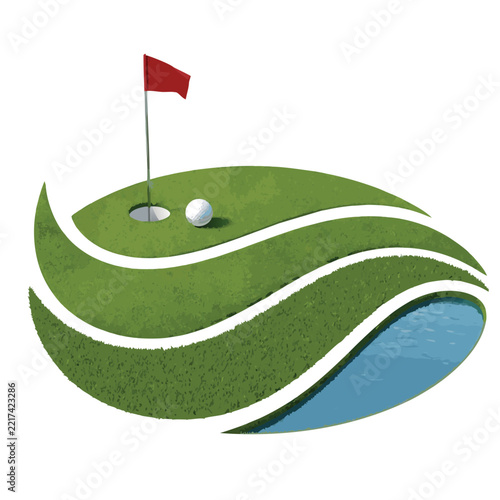 Golf ball on green grass with red flag and water hazard