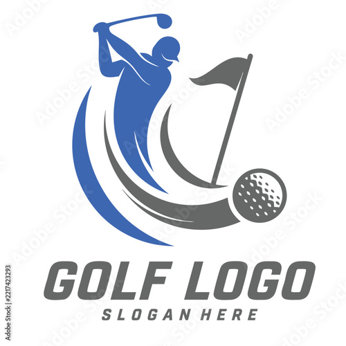 Golf player logo with ball and flag icon