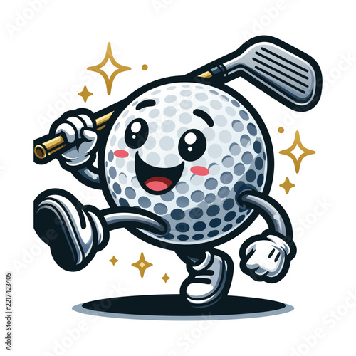 Happy golf ball character holding a golf club