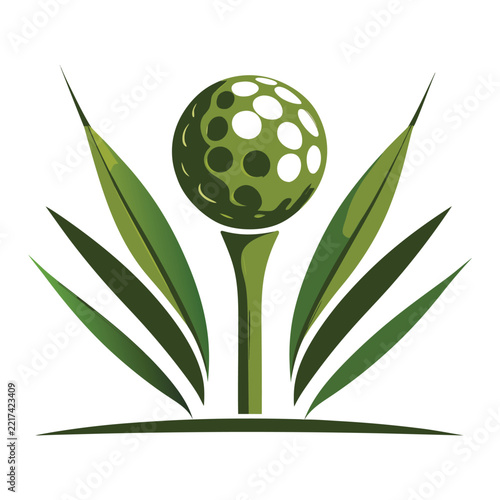 Green golf ball on a tee with decorative leaves icon