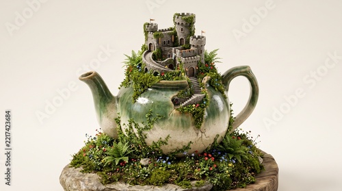 Surreal miniature castle growing from a vintage ceramic teapot