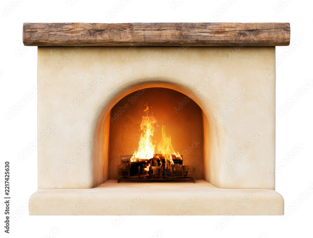 Fototapeta premium PNG Rustic fireplace with glowing fire and wooden mantel