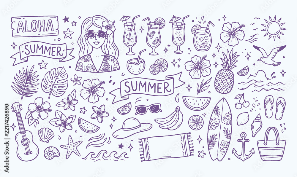 Fototapeta premium Ocean paradise vacation kit, female portrait, fresh fruit beverages clipart. Tropical summer icon. Tropical Hawaii summer exotic doodle set, vector hand drawn beach rest party cocktail illustration.