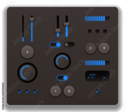 Modern dark media interface icon set, audio control sliders, equalizer bars, playback buttons, blue accents, digital sound mixer panel for app design