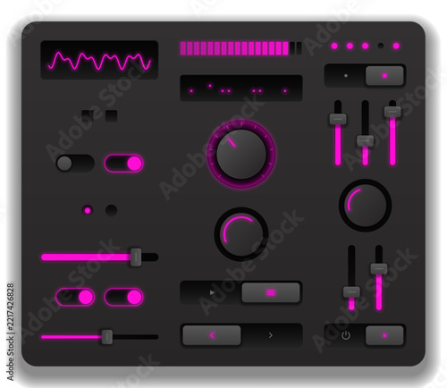 Neon digital audio workstation interface. Pink and black mixers with sliders, knobs, and waveform displays. Modern DJ console control panel design