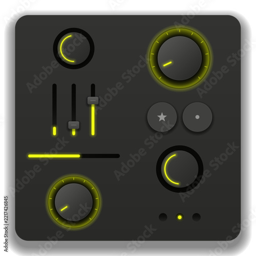 Minimalist black audio mixer interface panel with lime green knobs and sliders, modern digital control board design for software UI and sound engineering