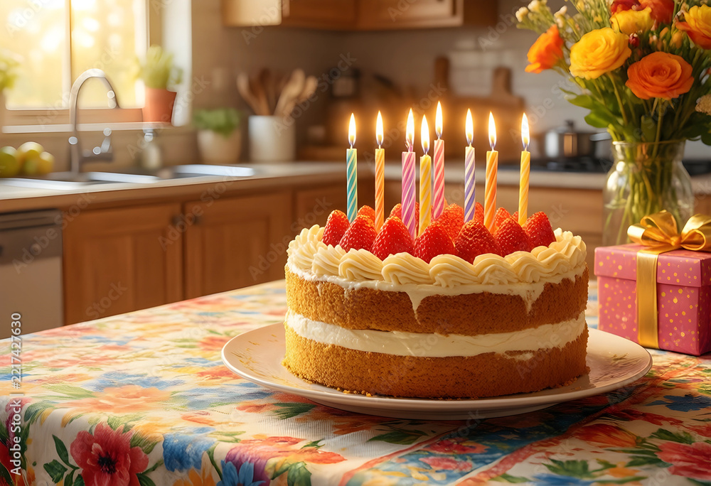 Fototapeta premium Birthday celebration and anniversary party, strawberry sponge cake with lit candles and gift box on a floral tablecloth in a cozy home kitchen interior