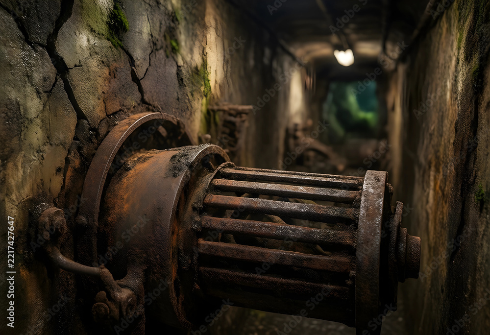 Fototapeta premium Industrial decay and urban exploration, rusted machinery in an abandoned underground tunnel with cracked concrete walls and mossy textures