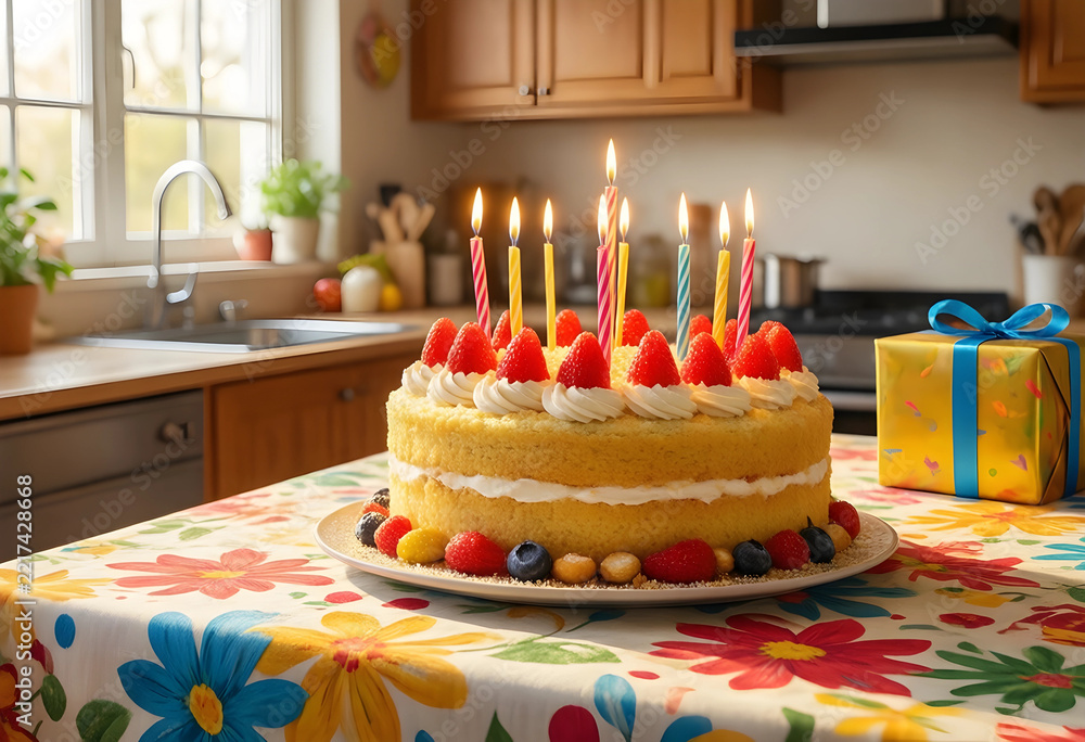 Fototapeta premium Birthday celebration and family gathering, sponge cake with strawberries and lit candles on a floral tablecloth in a cozy home kitchen with gift