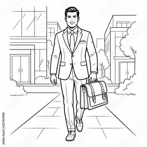 Businessman walking in city street line art