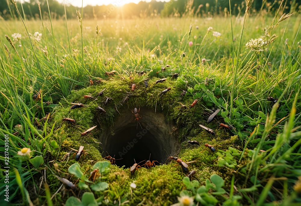 Fototapeta premium Biodiversity and ecosystem health, ants and insects gathering around a burrow entrance in a lush green meadow during a sunny spring morning