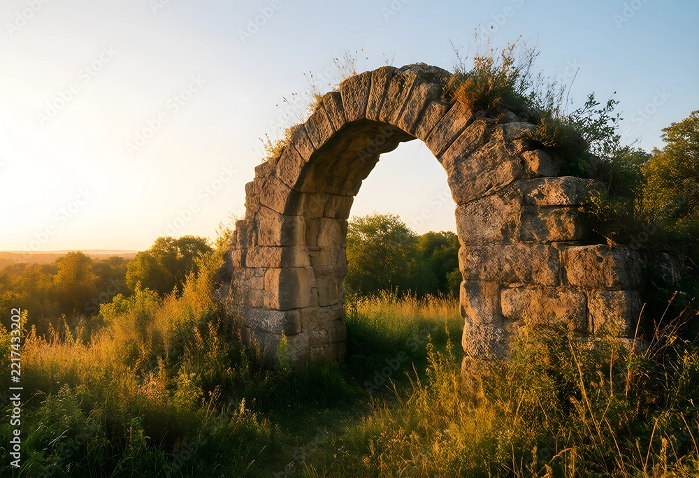 Naklejka premium History and heritage concept, ancient stone archway in a rural landscape at sunset with golden hour light and overgrown vegetation in a peaceful meadow
