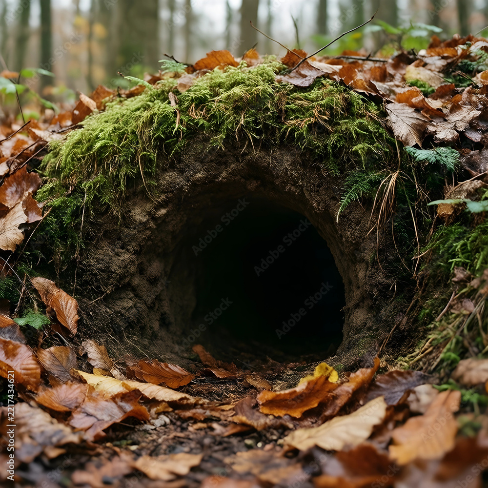 Fototapeta premium Wildlife habitat and nature conservation, animal burrow entrance in a forest floor with moss and autumn leaves for environmental and ecology projects