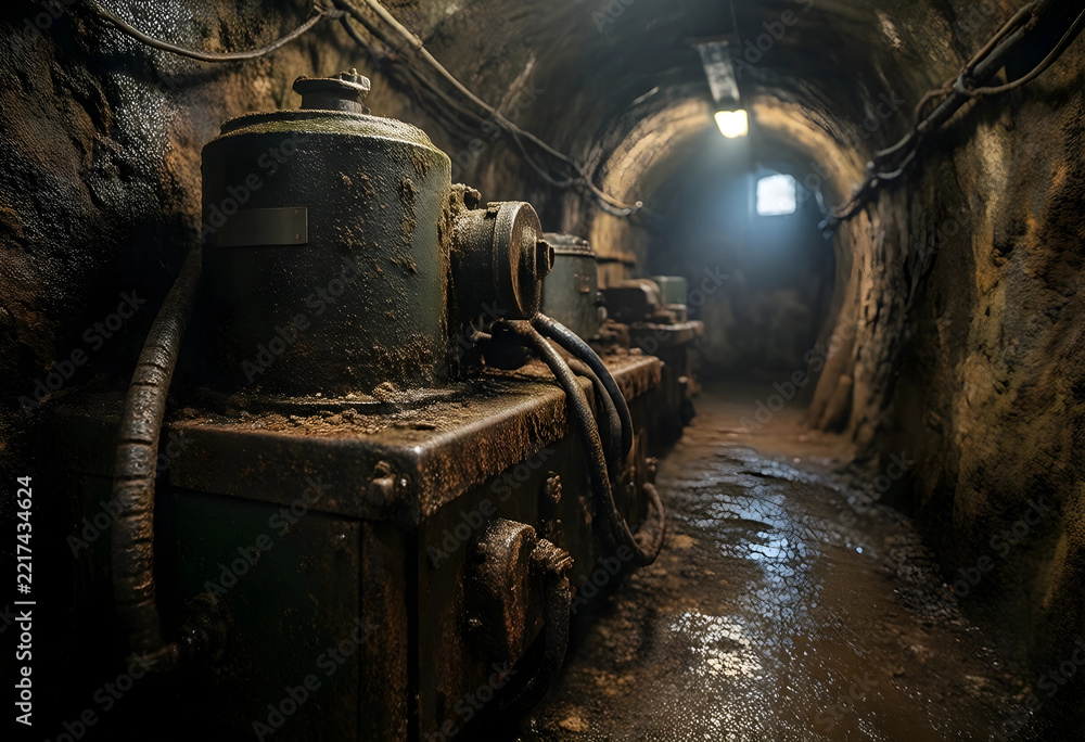 Fototapeta premium Industrial decay and mining infrastructure, abandoned underground tunnel with rusted machinery and electrical equipment in a dark subterranean passage