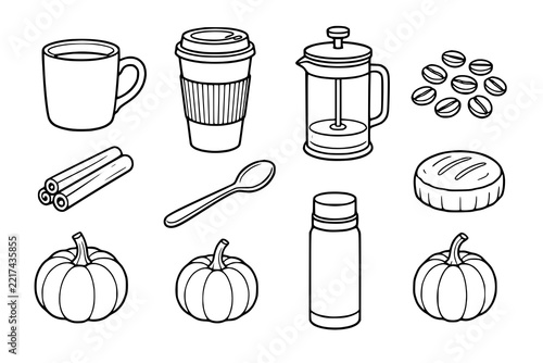 Coffee and autumn collection presenting mugs, takeaway cup, french press, coffee beans, cinnamon, spoon, thermos, pastry, and pumpkins in a clean black outline.
