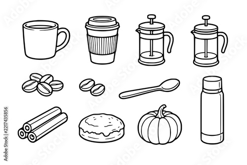 Coffee making tools and snacks are depicted as simple line drawings to provide a versatile design resource for food and beverage projects.