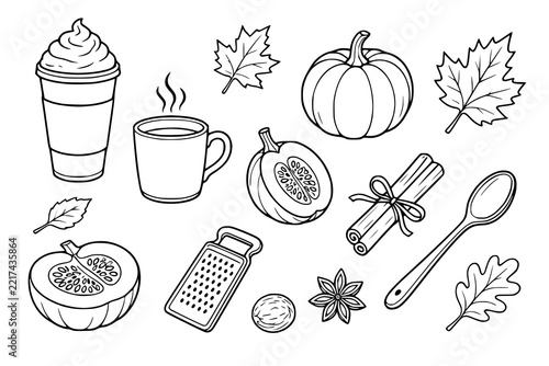 Pumpkin spice latte ingredients including coffee cups, sliced pumpkin, maple leaves, cinnamon sticks, nutmeg, grater, star anise, and a wooden spoon in outline.
