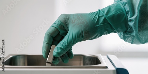 Medical professional in green protective gloves holding instrument over ultrasonic cleaner in clinic
