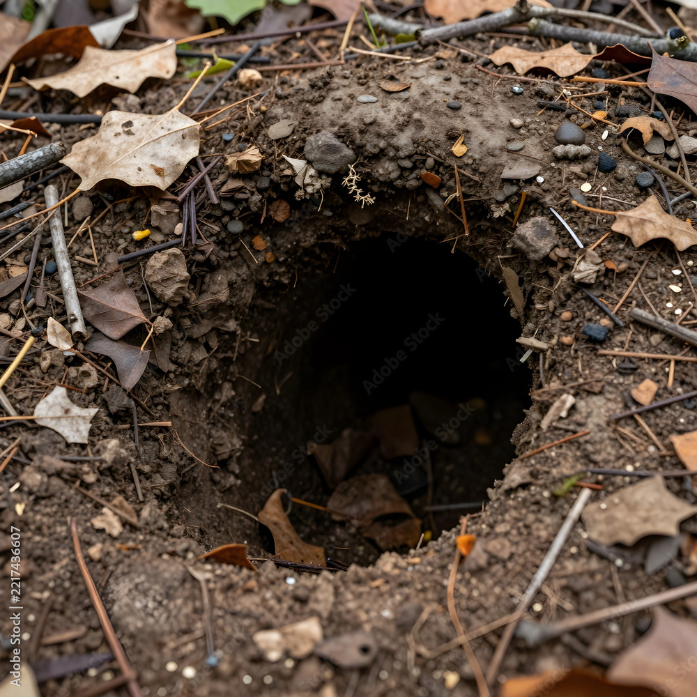 Fototapeta premium Wildlife habitat and animal burrow, dark underground hole in forest soil with autumn leaves for nature conservation and environmental biology research