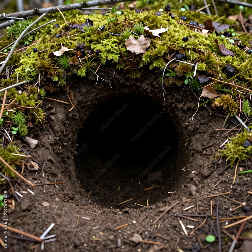 Fototapeta premium Wildlife habitat and nature conservation, dark animal burrow entrance in forest ground with green moss and fallen leaves for environmental research