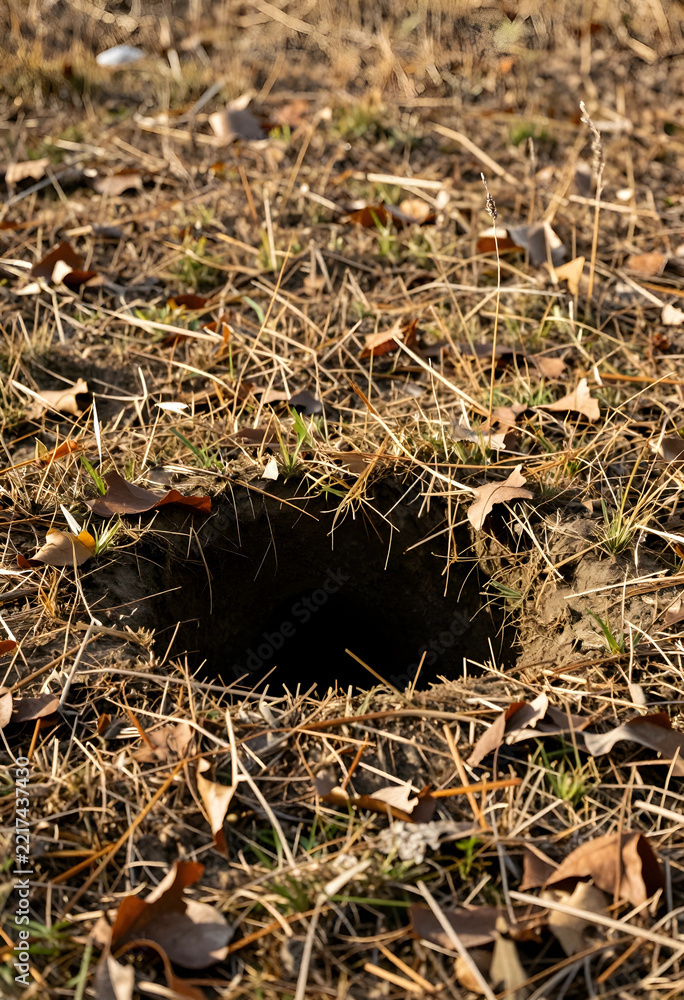 Fototapeta premium Wildlife habitat and animal burrow, dark hole in the ground in a dry grassy field nature conservation and ecosystem biodiversity in autumn