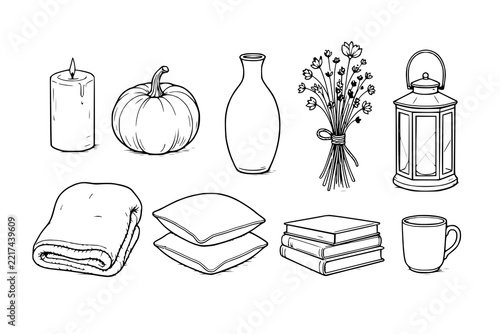 Lit candle and decorative autumn elements arranged neatly as a monochrome outline vector.