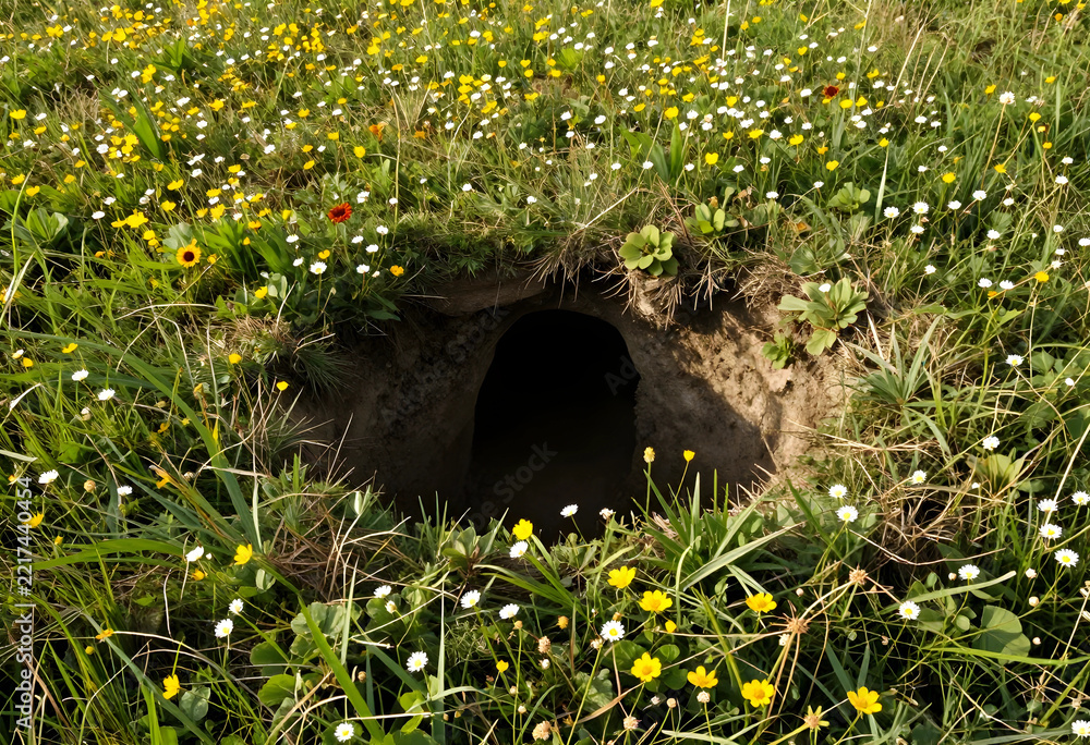Fototapeta premium Wildlife habitat and biodiversity, animal burrow entrance in a meadow with wildflowers and green grass in a natural ecosystem for environmental research